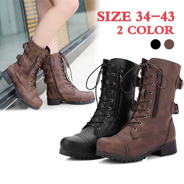 Women's Fashion Military Boots Army Combat Ankle Lace up Flat Biker Shoes Size 