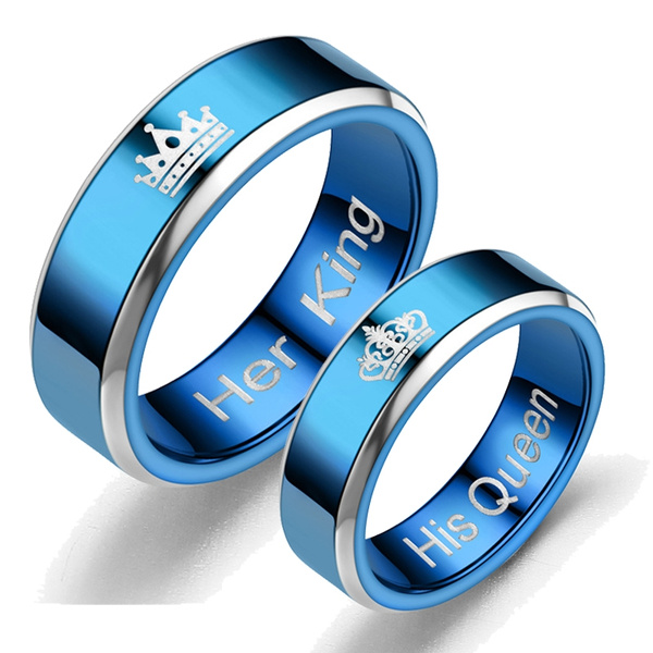 New Blue Color Letter Crown Stainless Steel Rings King And Queen Couple ...