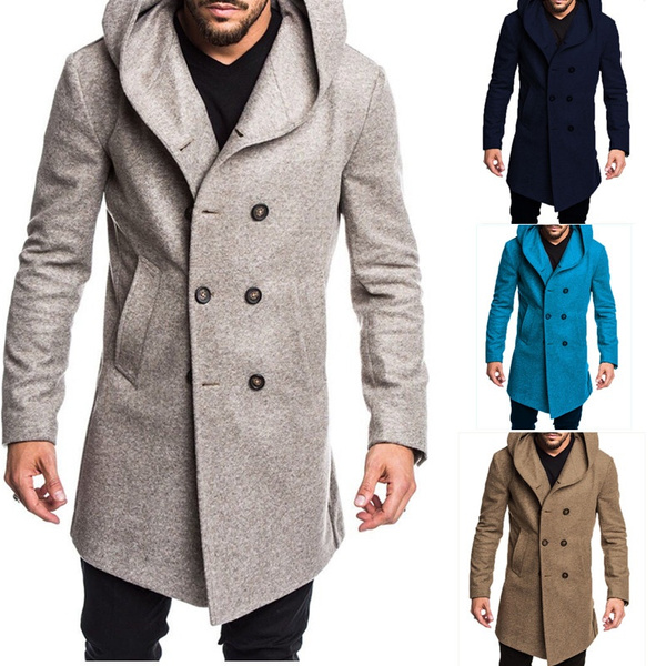 MK988 Mens Hooded Solid Fluffy Plus Size Thermal Open Front Pea Coat Trench Jacket Outerwear