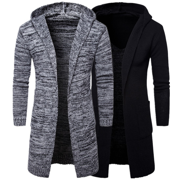 Sweater Men Cardigan Long Camisa Masculina Mens Slim Fit Hooded Knit Sweater Fashion Cardigan Long Trench Knitted Coat Black Grey