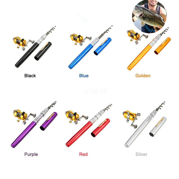 6 Colors Portable Pocket Telescopic Mini Fishing Pole Aluminum Alloy Pen  Shape Fishing Rod + Reel Wheel