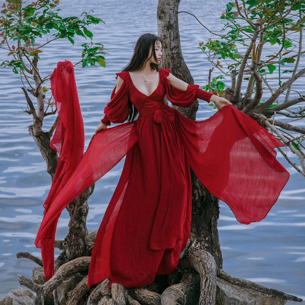 Seashore Fairy Medieval Maxi Long Red Dress Renaissance High Waist Prom  Gown Deep V Neck Princess Victorian Vintage