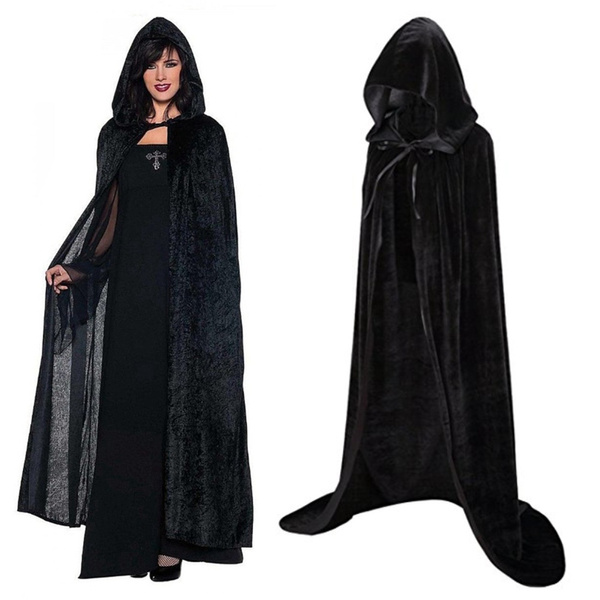 Womens Medieval Wiccan Witch Gothic Halloween Costume Hooded Dress Blk S M L XL