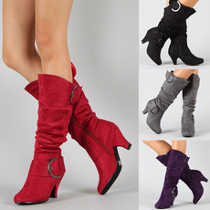 Women Soft Suede High Heel Boots Women Winter Long Boots 4 Color Red Purple Black Grey