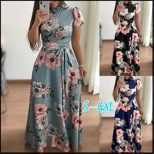 Women Floral Printed Maxi Dress Short Sleeve Casual Evening Party Long Dress id 