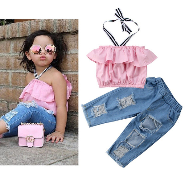 Baby Girl Embroidery Unicorn Pattern Tee & Denim-Effect Print Ripped Jeans  | SHEIN