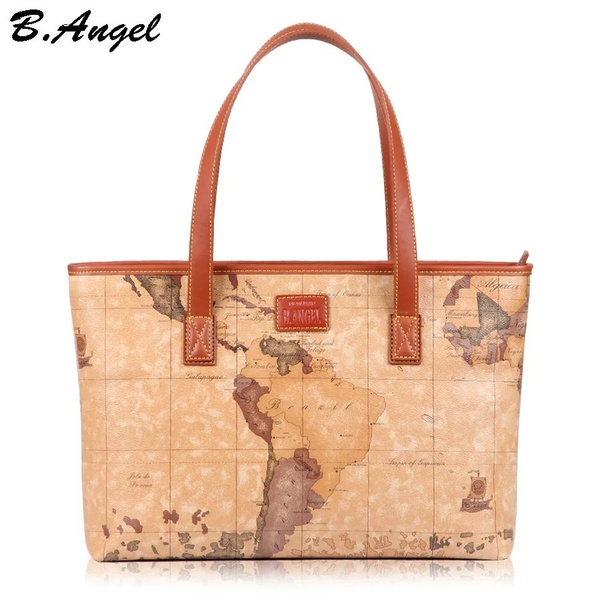 High Quality Vintage World Map Bags Big Size Leather Women