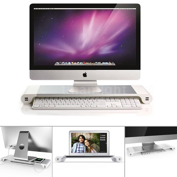 Aluminum Alloy Monitor Stand Space Bar Dock Desk Riser with 4 USB Ports For iMac 