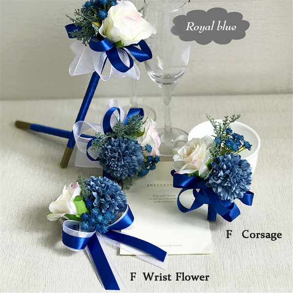 Wedding Bridal Blue Wrist Flower Corsage Bracelet Groom Pin Boutonniere Flower 