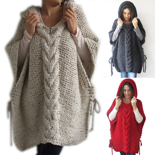 Camicia calda con cappuccio in maglione tinta unita moda donna taglie forti  Poncho Camicia casual in maglia di avvertimento | Wish