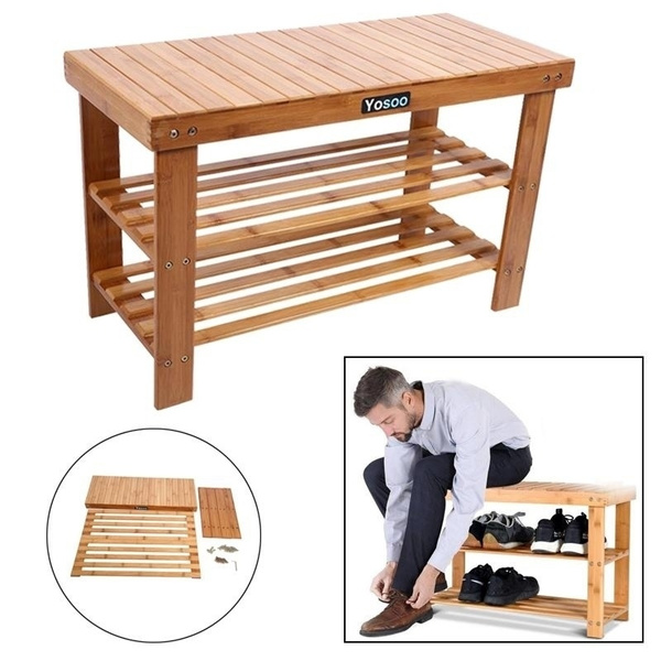 2 Tier Shoe Shelf Natural Bamboo Shoe Rack Bench Storage Organiser Holder Wish