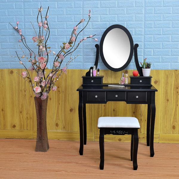 Vanity Set With Lotus Shaped Mirror Makeup Dressing Table Cushioned Stool 5 Drawers Dark Brown Wish