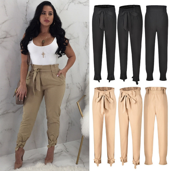 GOBLES Women Solid Casual Work Trousers High Waist Ruffle Bow Tie Pants