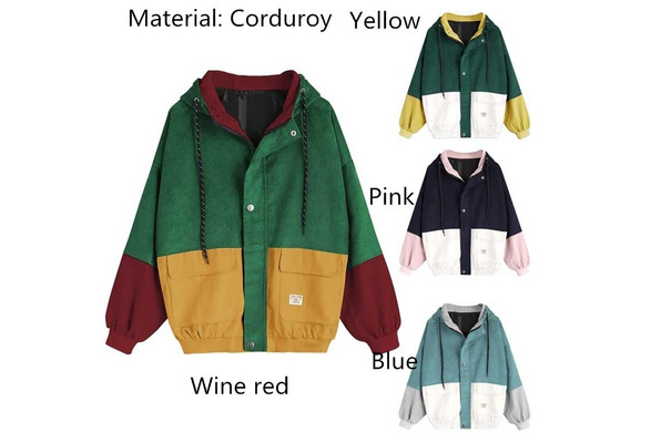 Women long sleeve corduroy patchwork deals oversize jacket windbreaker coat overcoat