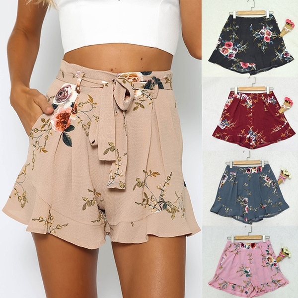 Women's Summer Shorts Casual Elastic Waist Drawstring Short Pants Loose Floral Printing Hot Pants with Pockets