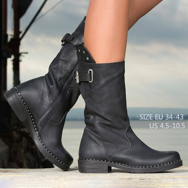 AVENBER Women Mid Calf Boots Female Buckle Strap Zipper Flat Platform Ladies Motocycle Baggy Slouchy Combat Shoes
