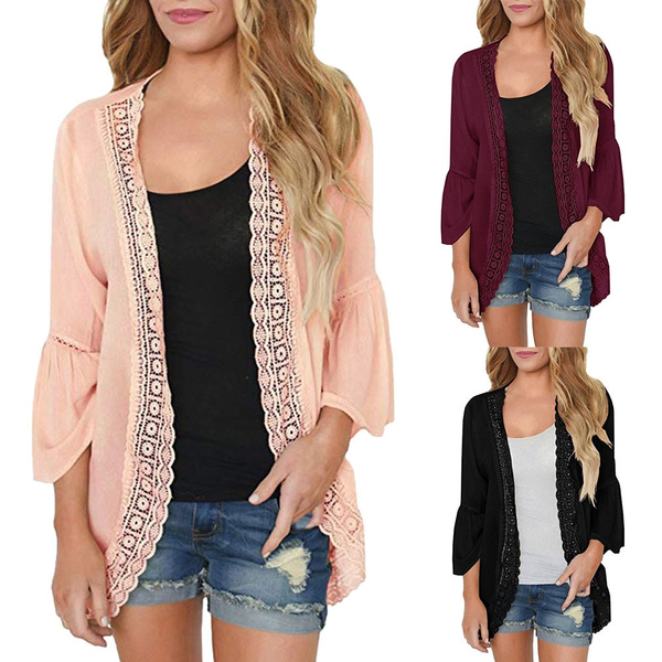Womens Casual Solid Lace Long Sleeve Chiffon Cardigan Loose Kimono Blouse Tops Chiffon Cardigan