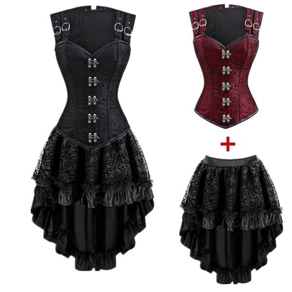 Plus Size Steampunk Corset Dress Red Black Steel Boned Renaissance Vintage  Gothic Corsets and Bustiers Belted Top With High Low Skirt Set Lingerie