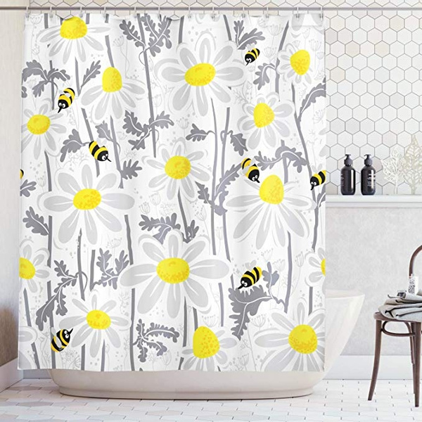 Grey Decor Shower Curtain Daisy, Yellow Daisy Shower Curtain Hooks