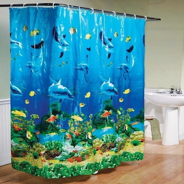 180X180cm Fashion Blue Ocean Tropical Beach Dolphin Colorful Fish Shower  Curtain Kid Room Window Curtain With Hooks Ring