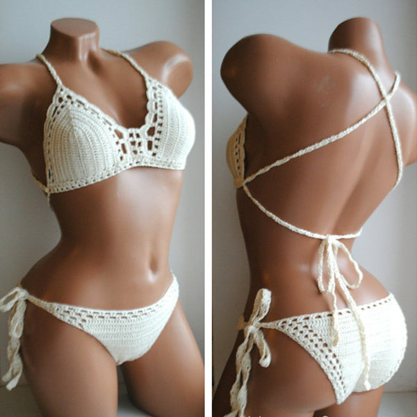 Handmade Crochet Lace Knit Bra Swimwear Beach Crochet bikini set swimsuit  Halter Cami Tank Crop Top