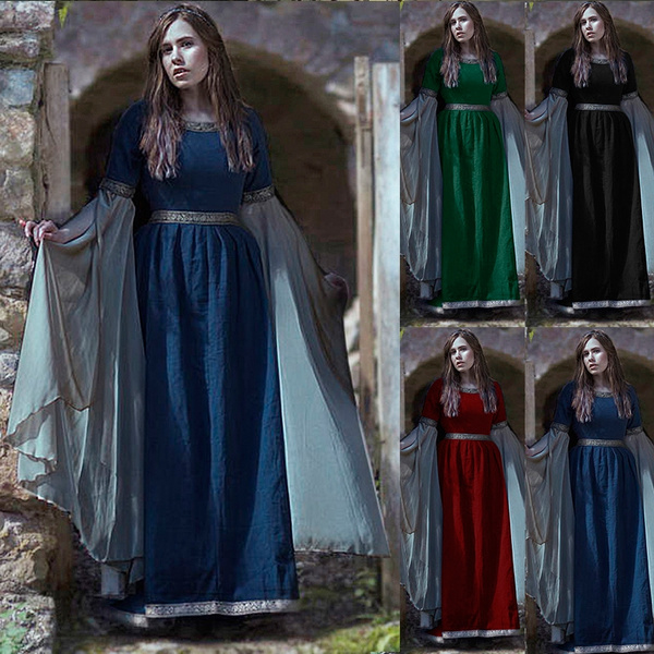 Women Medieval Renaissance Bell Sleeve Dresses Celtic Gown Cosplay Costume 