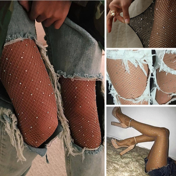 Fashion Women's Crystal Rhinestone Fishnet Elastic Stockings Fish Net  Tights Pantyhose Sexy Stockings