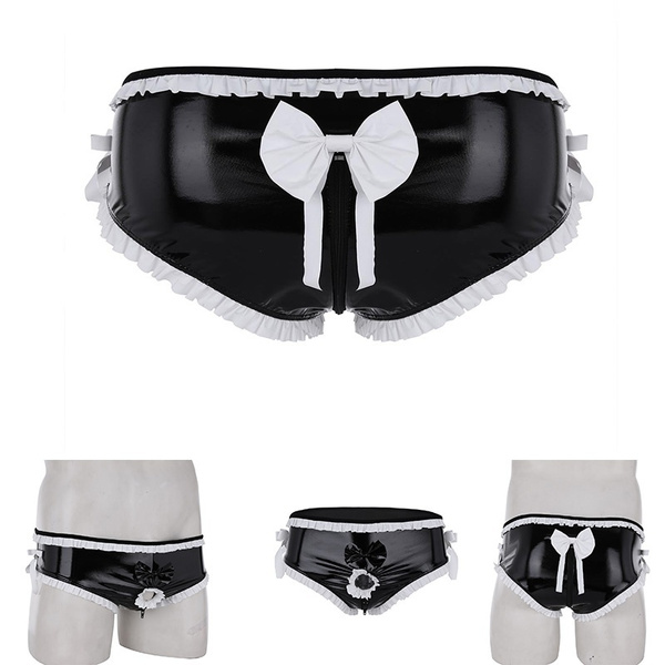 Men's PVC Ruffled Trim Sissy Maid Bikini Briefs Underwear Open Front ...