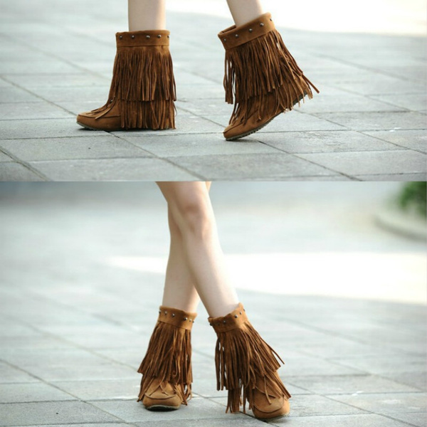 Boots 2 Layer Tassel Under Knee High Low Platform Boots Women MidCalf