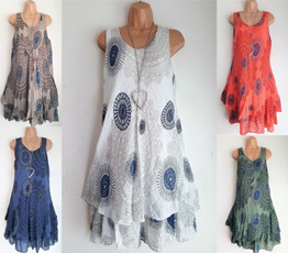 Women Summer Fashion Double-layer Printed Sleeveless Round Neck Dress Casual Plus Size Loose Sundress