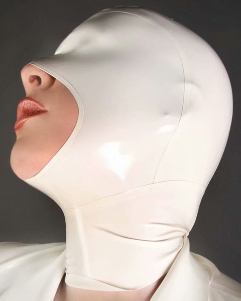 Sexy White Latex Mask Rubber Hood Open Mouth For Party Wear Catsuit