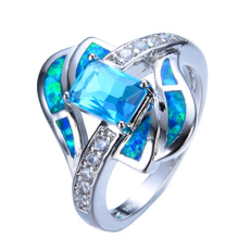 Exquisite 925 Sterling Silver Princess Cut Blue Sapphire Opal Wedding Band Ring Women Fashion Jewelry Size 5-12