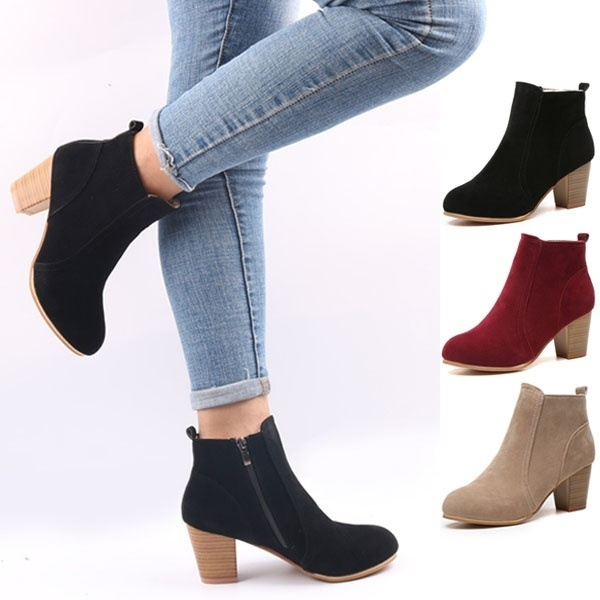 New Women's Winter Suede Ankle Boots High Heels Boots Black Red Women ...