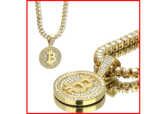 14k Gold Plated TENNIS Chain Fully CZ Bitcoin Pendant 24" Necklace
