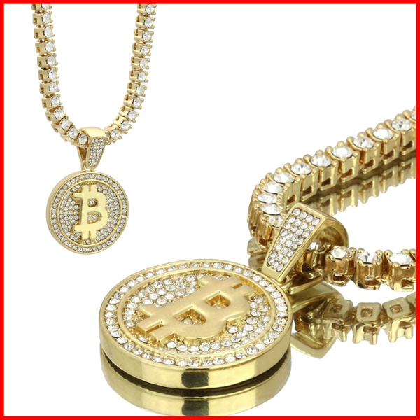14k Gold Plated TENNIS Chain Fully CZ Bitcoin Pendant 24" Necklace Iced Out