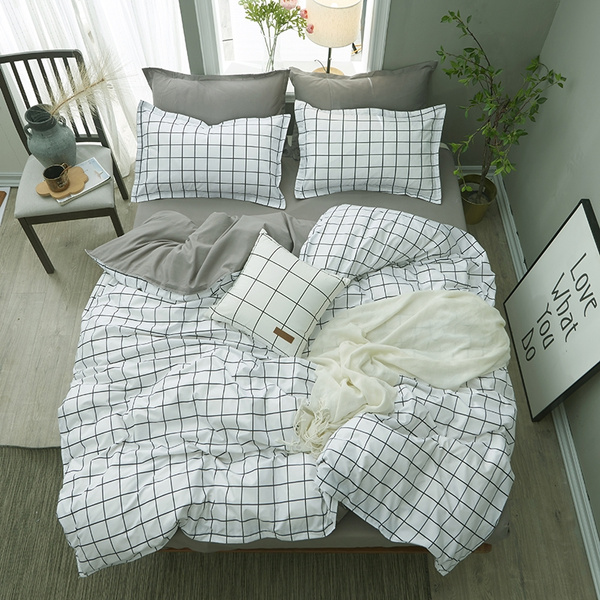 New Fashion Grey White Grid Bedding Set, Grey Queen Size Bed Sheets