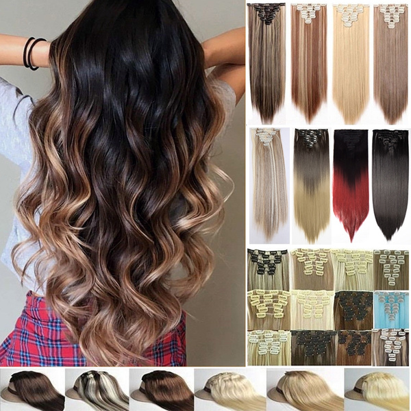 Real Soft Clips In Hair Extensions Full Head Real Thick Straight/Curly Hair  Extensions 18/23/24/26