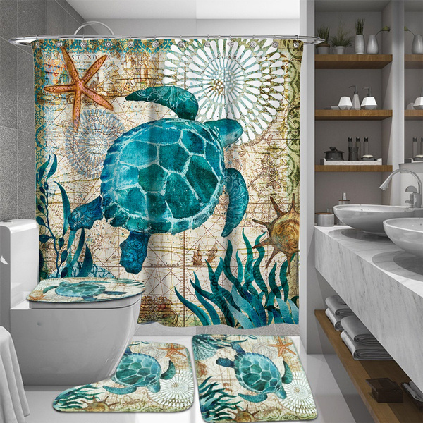 Sea Turtles Waterproof Bathroom Shower, Curtain And Rug Sets