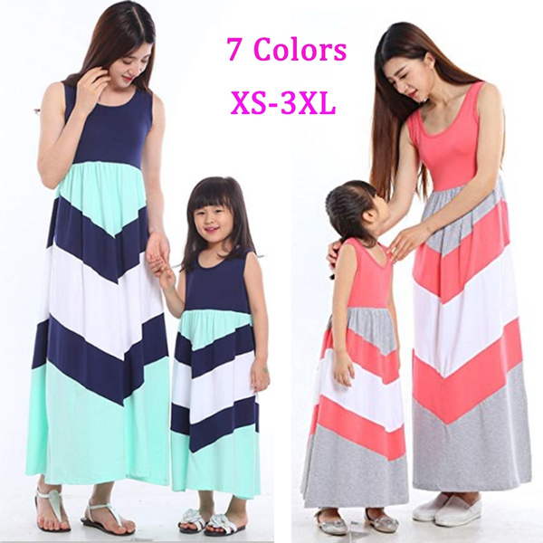 Family Matching Mother Daughter Dress Kids Mom Striped Long Dress ...