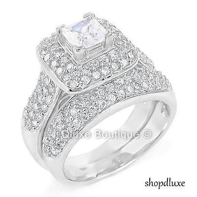 Sterling Silver Princess Cut CZ Wedding Engagement Ring Set Size 4, Women's, White