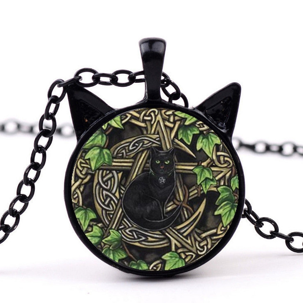 Wicca Black Cat Photo Cabochon Glass Black Chain Pendant  Necklace
