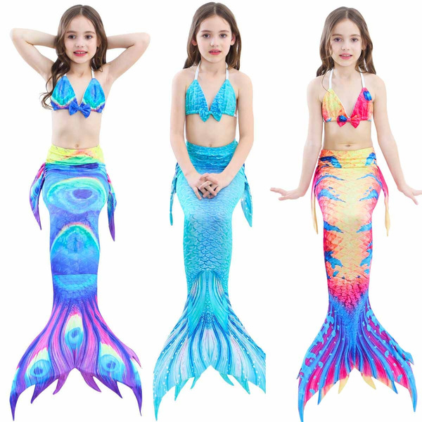 KXMYT Blue Girls 3PCS Cosplay Costume Swimsuit Mermaid Tail Princesse Bikini Set for 3-12 Years,with Monofin,100cm