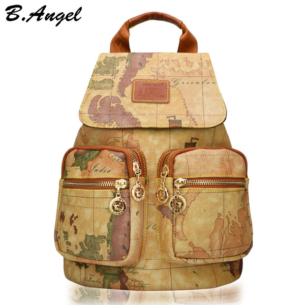 Women And Men Leather Backpack Fashion, Leather World Map Bag