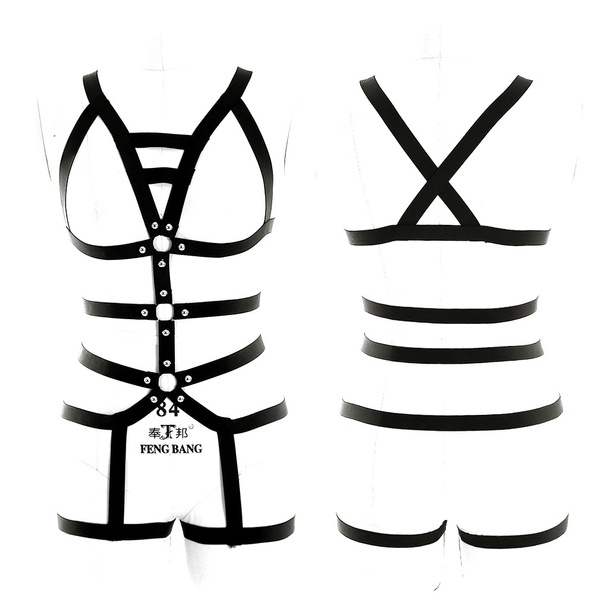 Plus Size Rivets Body Harness Lingerie Set Garter Belt Hollow Out Bdsm