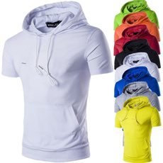 new summer men's hooded large pockets, pure color large size short sleeve T-shirt