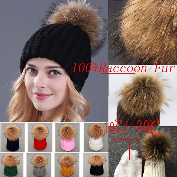 Large Pom Poms On Beanie Hat Real Animal Fluffy Raccoon Fur /fox