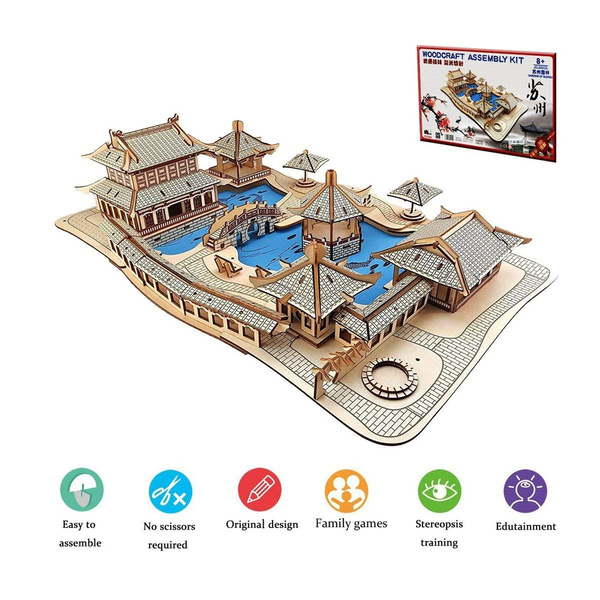 Wooden 3D DIY Jigsaw Puzzle Architecture Model Woodcraft Assembly Kit Teens 
