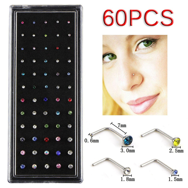 60PCS L Style Crystal Rhinestone Nose Ring Bone Stud Steel Piercing ...