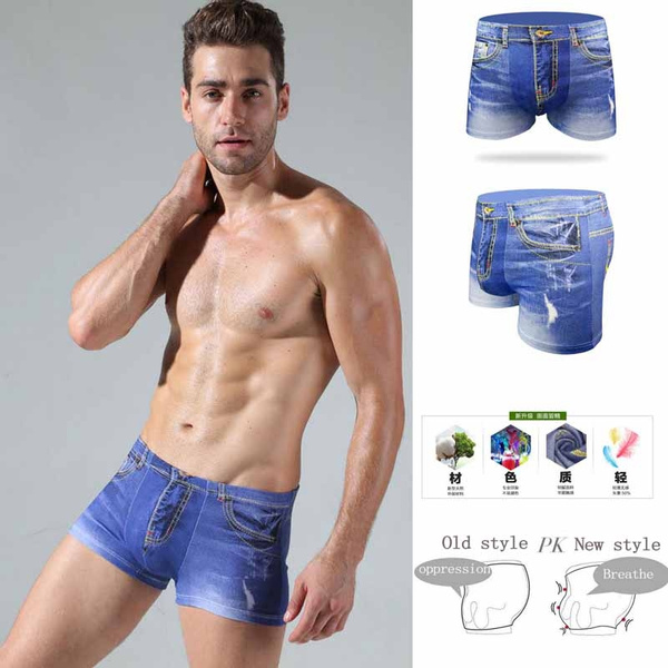 Buy OneTwoTG Mens Jean Denim Underwear Mens Sexy Jeans Pattern Man Boxer at