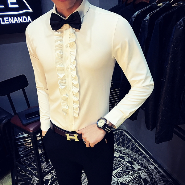 Retro Shirt Men Wedding Party Ruffle Vintage Shirt White Men Black